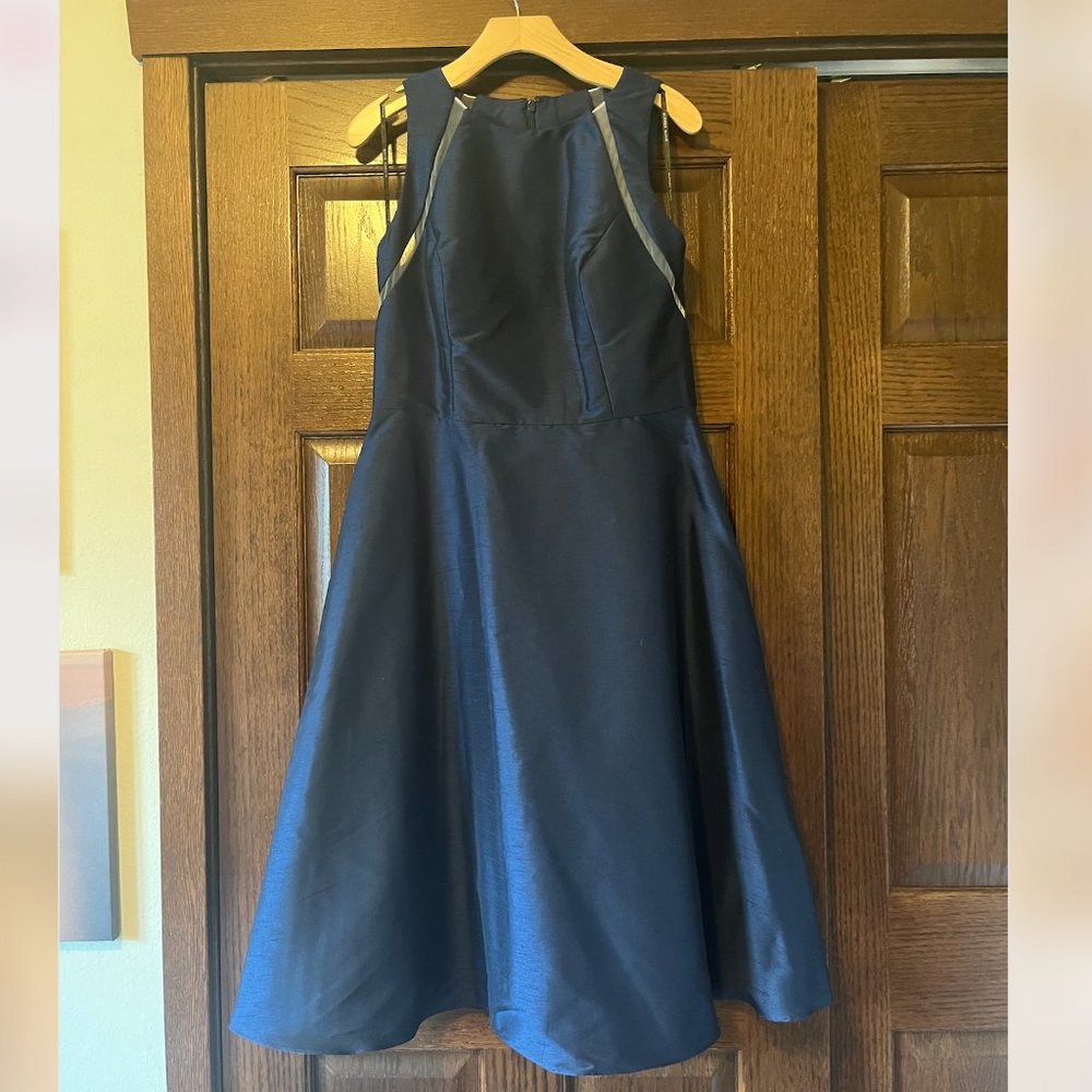 Alfred Sung, Size 14, Navy w/ illusion slit in bodice shoulder detail midi dress